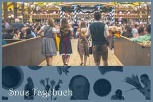 Snustagebuch-Logo mit einem Hintergrundbild von Menschen auf dem Oktoberfest.